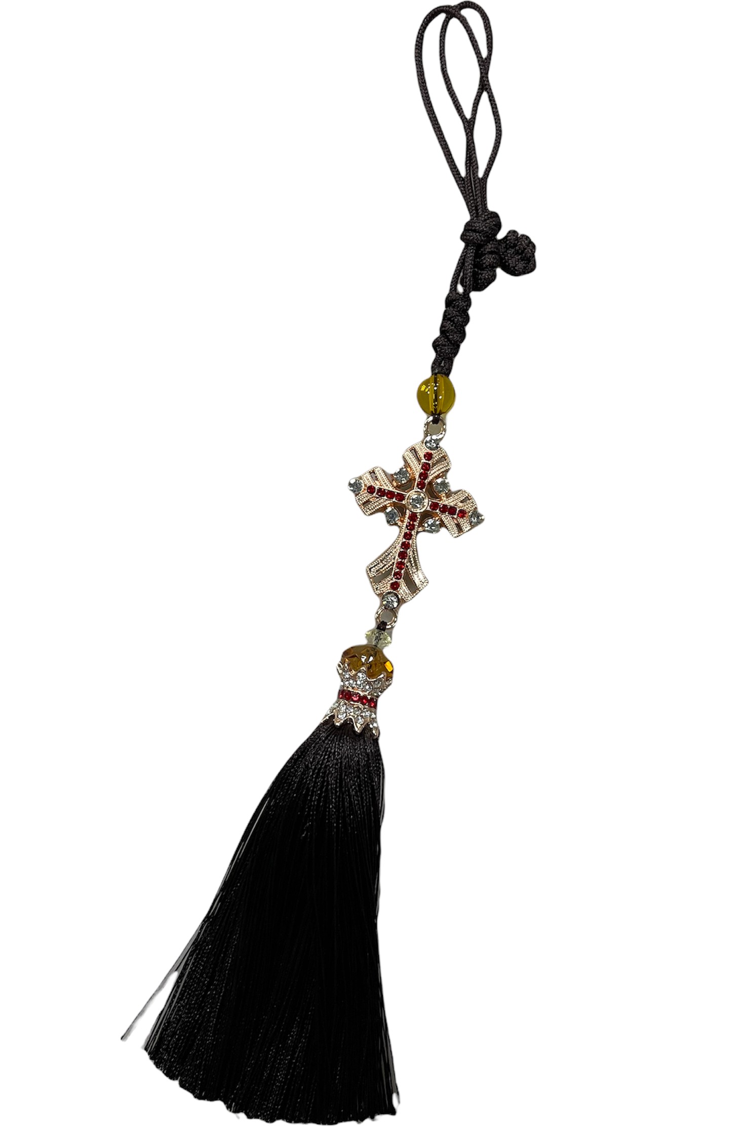 Подвеска ЧЕТКИ крест метал (красное золото  красные стразы)