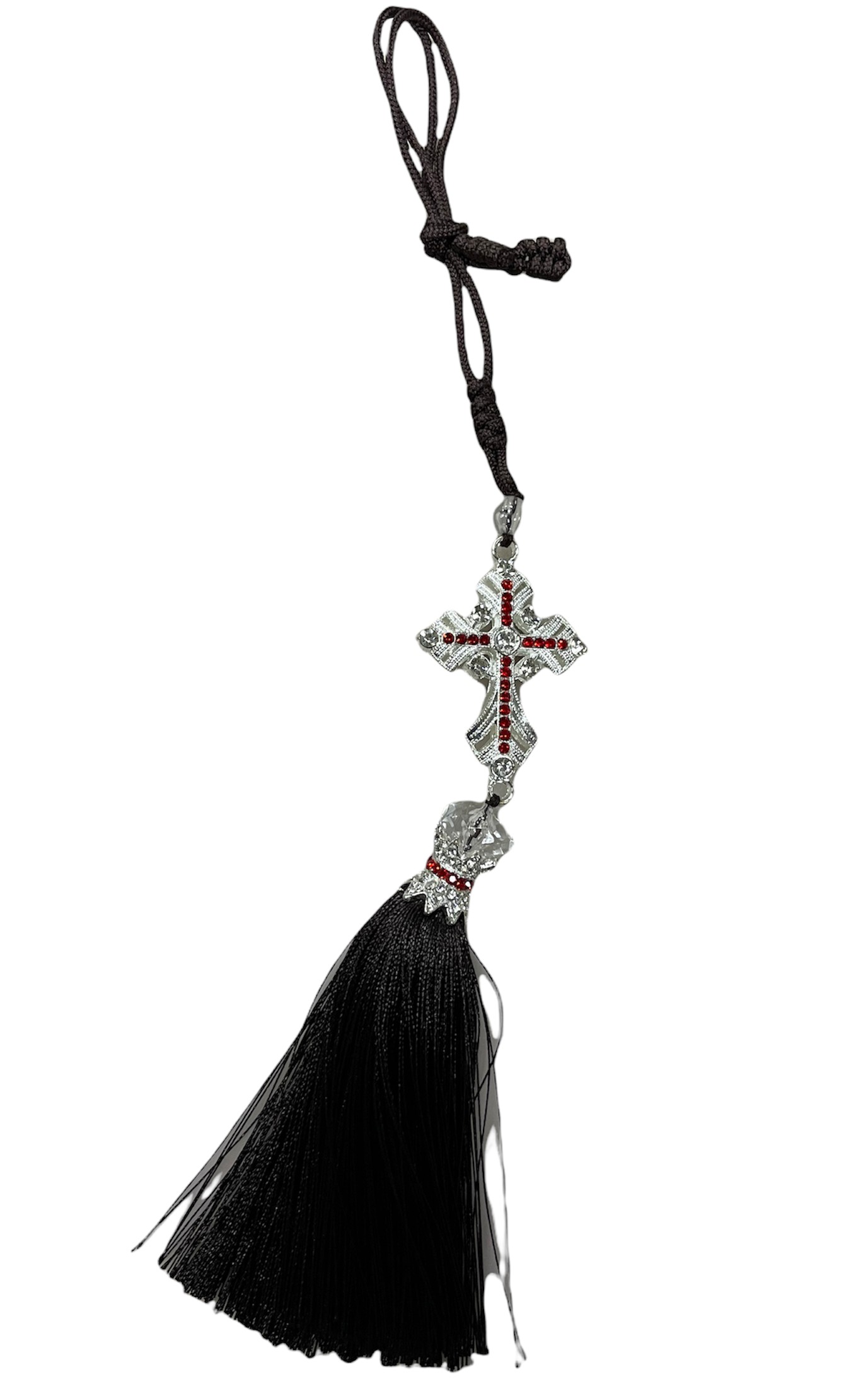 Подвеска ЧЕТКИ крест метал (белое золото  красные стразы)